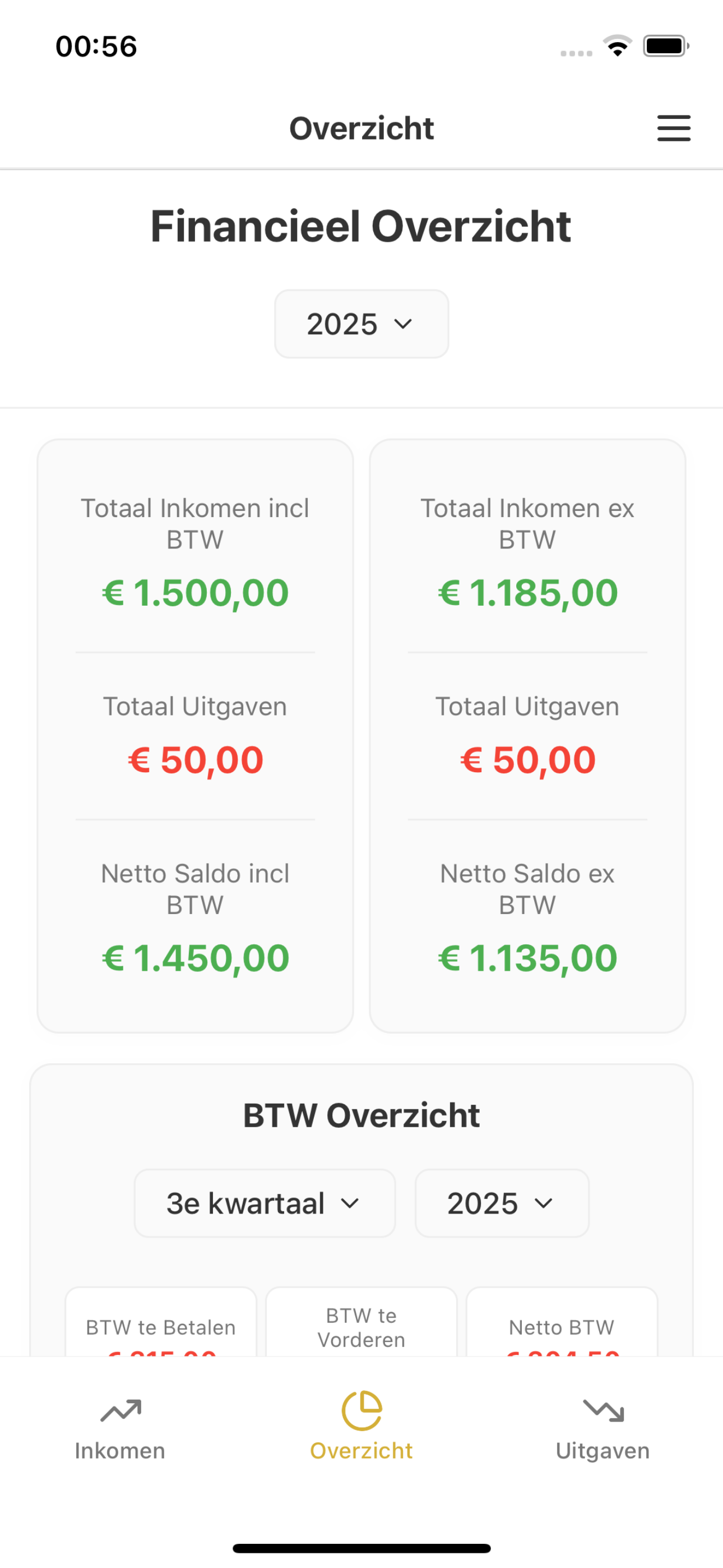 Adminu financieel overzicht interface met inkomsten en uitgaven dashboard